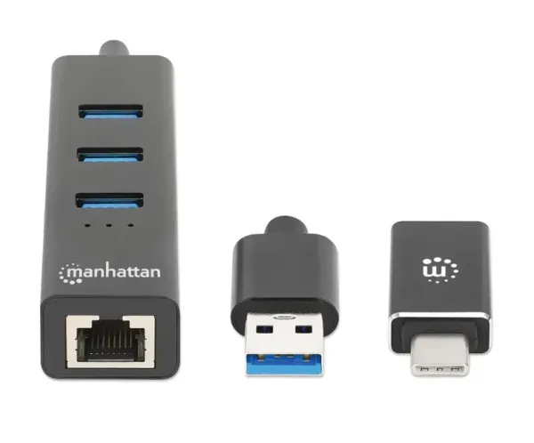 USB HUB 3port Manhattan 180894 USB-A/C 3xUSB 3.2 5Gbps/1xGLAN 5Gbps/sivi Slika 3