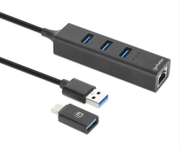 USB HUB 3port Manhattan 180894 USB-A/C 3xUSB 3.2 5Gbps/1xGLAN 5Gbps/sivi Slika 2