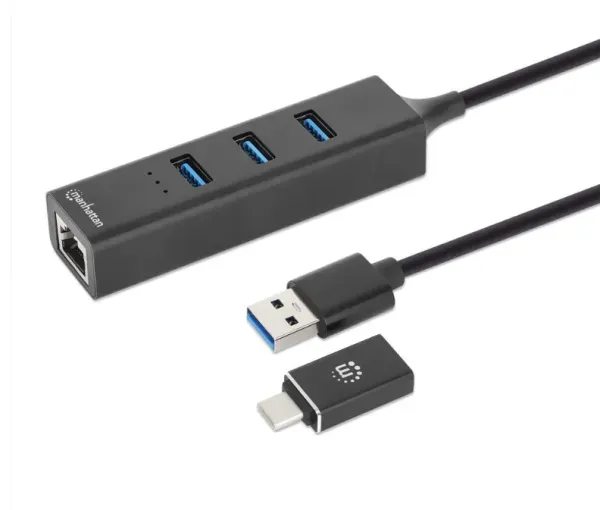 USB HUB 3port Manhattan 180894 USB-A/C 3xUSB 3.2 5Gbps/1xGLAN 5Gbps/sivi Glavna slika