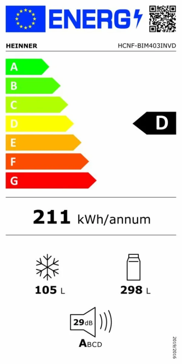 Kombinovani frižider HEINNER HCNF-BIM403INVD/No Frost/inverter/ugradni/69x195,3 Slika 2
